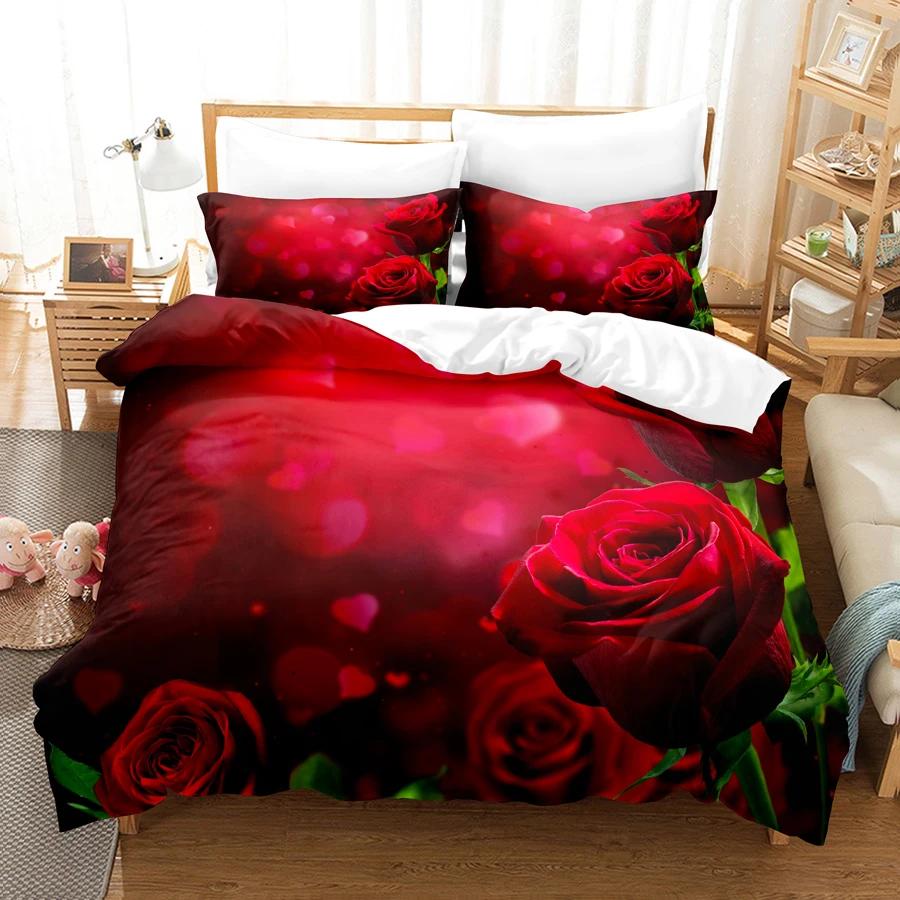 Red Flower Full Size Duvet Covers Rose Quilt Cover 200X230Cm Bedding Set 3Pcs 2Pcs 210X210Cm King Queen Single Double Bed