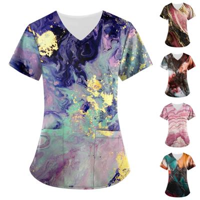 Women's Printing Short Sleeve V-neck Tops Working Uniform Pocket Blouse