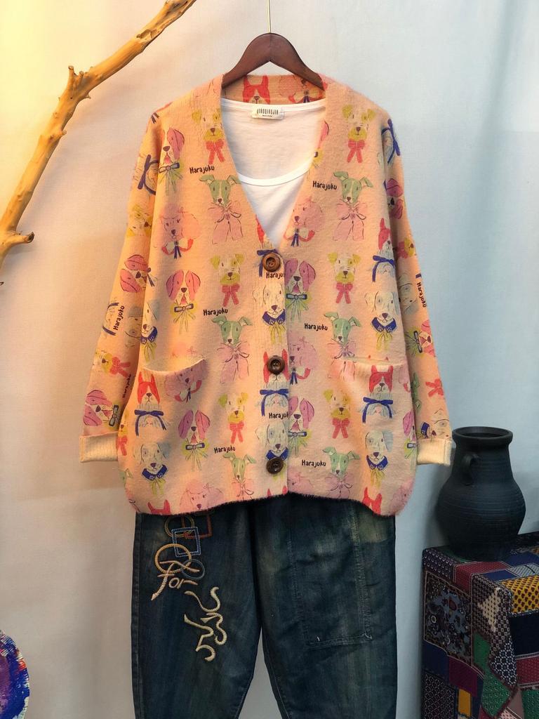 Factory new autumn and winter cute printed imitation mink velvet jacket women's Korean version loose lazy sweater