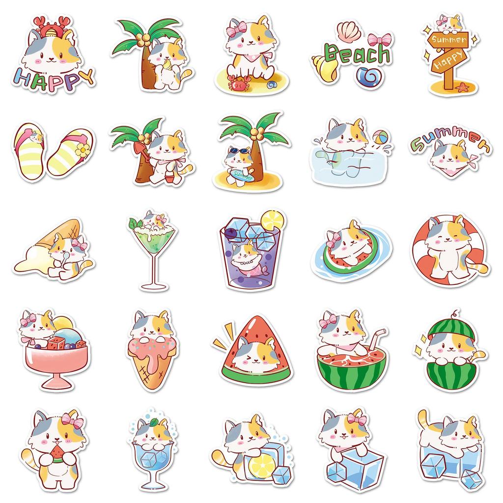 50 Summer Kitten Doodle Stickers – Cute Cartoon Designs for Water Bottles & Suitcases