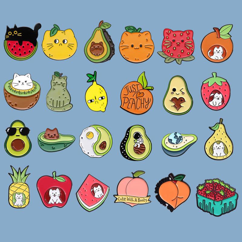 Creative Fruit Cute Series Metal Brooch Set Featuring Adorable Avocado And Peach Designs For Stylish Accessories And Fashionable