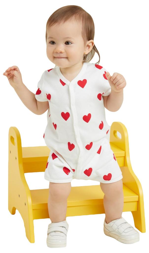Heart Print Short Romper A09HG 6 months 67cm [Petit Bateau] Off-White/Red