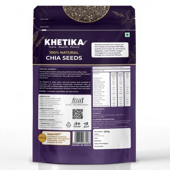 Khetika Chia Seeds 200g | Seeds, Raw Handpicked Chia Seed for Eating, Healthy Snacks, Rich In Protein & Fiber with Omega 3 Fatty Acids