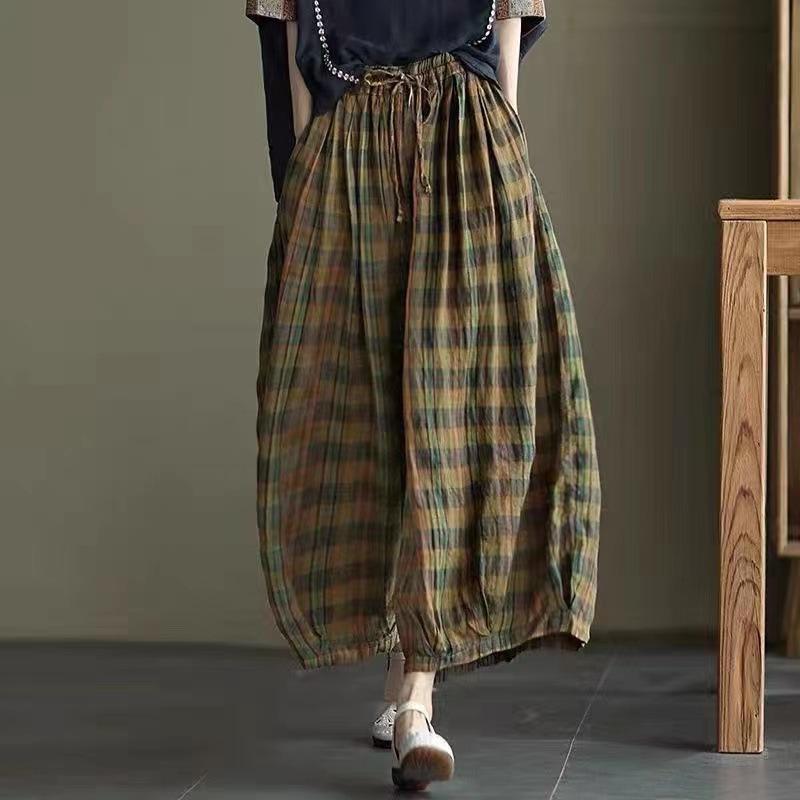 Plus Size Women's Spring Autumn Trousers Wide Loose Plaid Trousers Casual Trousers of Plus Size