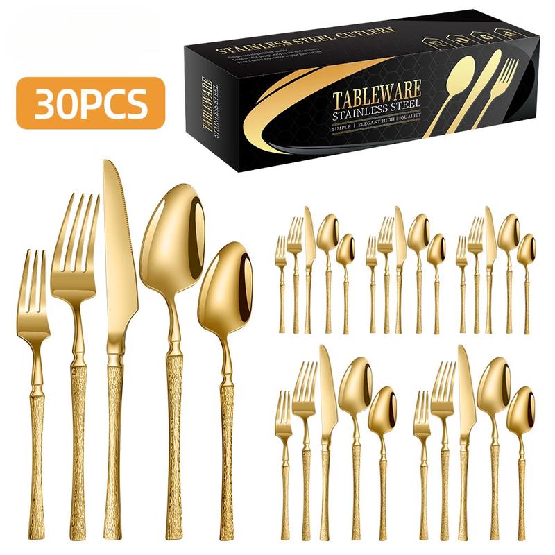 Golden Hammered Stainless Steel Western Cutlery Set, 30-Piece