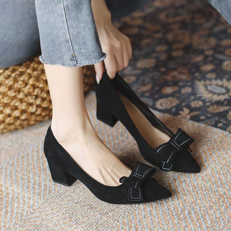 Coarse heel pointed single shoes women's spring 2025 new work occupation soft sole bow black versatile high heels