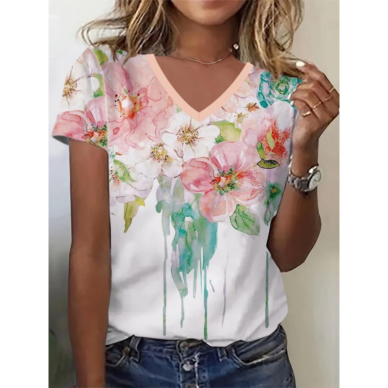 Summer Large Size Women's T-Shirt Fashion Blue Flowers Print Leisure Elegant V-Neck T-Shirt Daily Comfortable Women's T-Shirt
