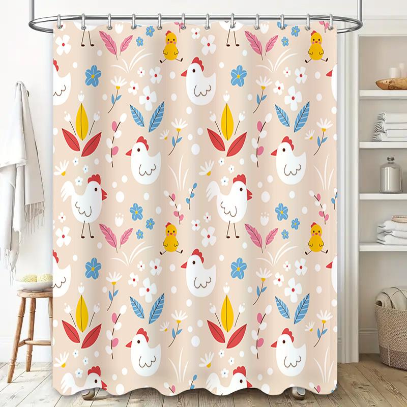 Chicken Shower Curtain Floral Chicken Print Waterproof Bath Rug Cover For Bathroom Decor Soft Fabric Easy To Clean Size: W72X L8