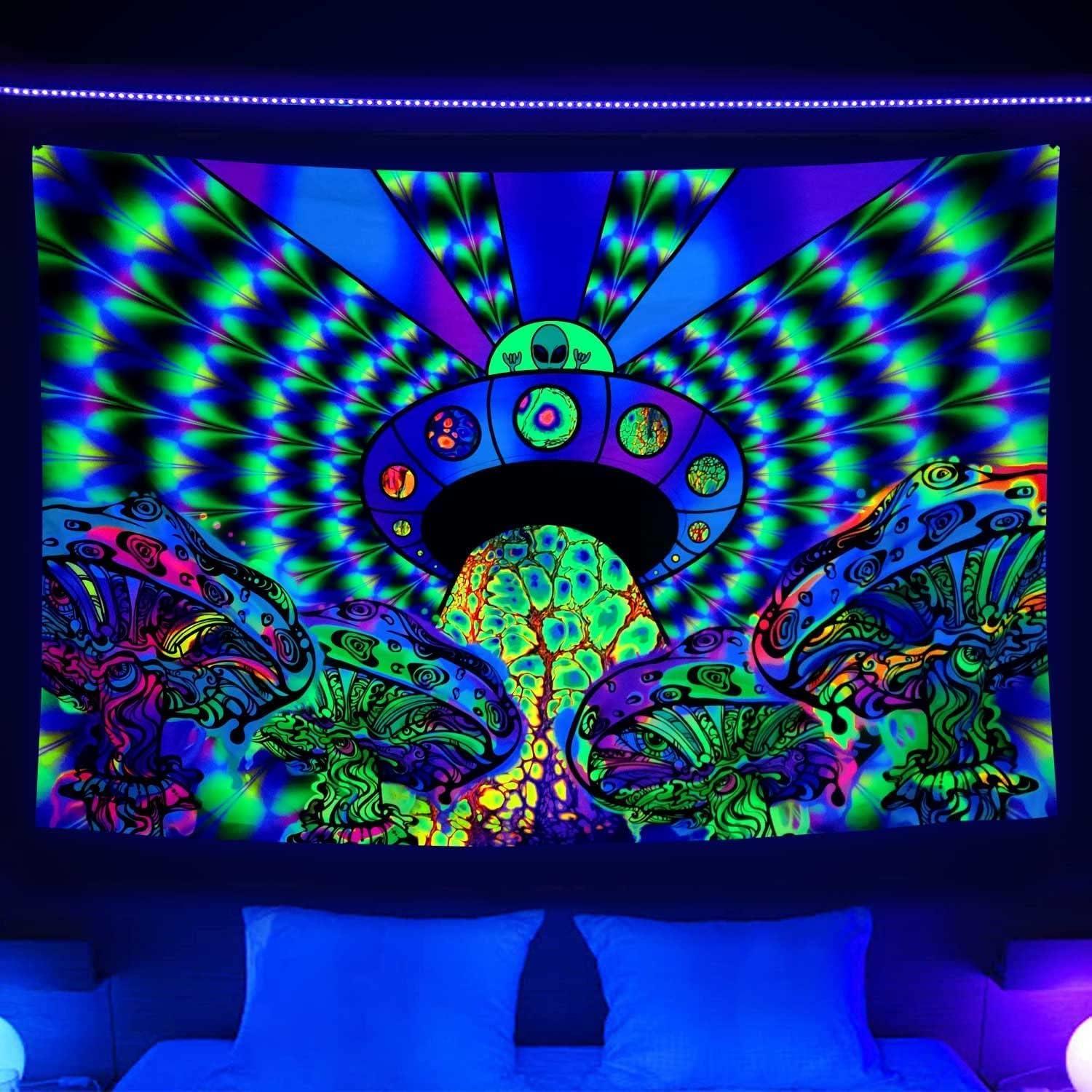 Tapestry dark night alien psychedelic mushroom 75x100