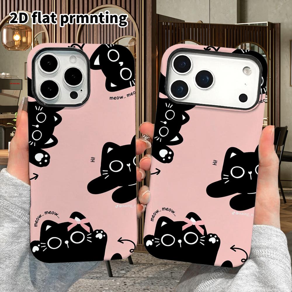 Phone Case: 2D Flat Design Suitable for iPhone 18, 17, 16, 15, 14, 13 Pro Film Protective Case, Couple Style, Simple Black Cat, Christmas and Hallowee