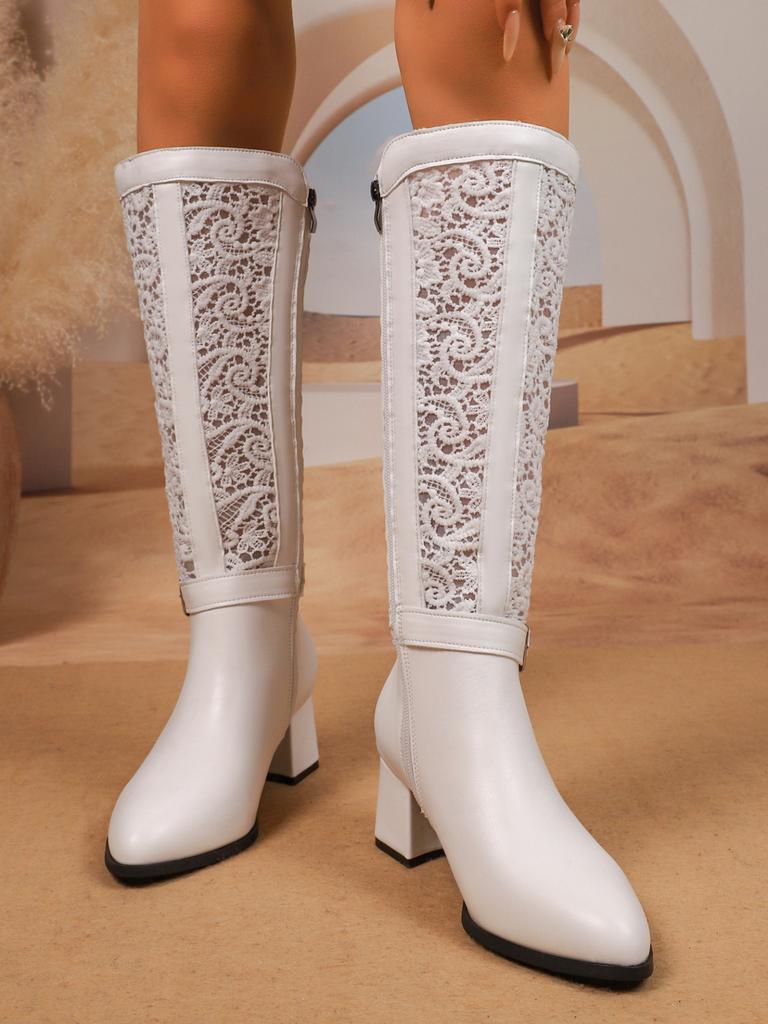 Autumn and winter ebay high-heeled lace mesh large-size round-head breathable high boots