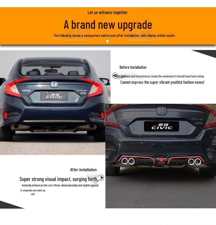 Designed for 10th Gen Civic: Exhaust Mod, Rear Spoiler, Tailpipe Kit, No-Cut Kit, Rear Bumper, Rear Splitter.
