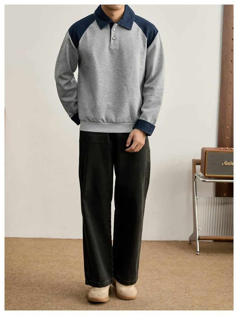 Men's Loose-Fit Lapel Patchwork Hoodie Polo Shirt - Edgy Autumn Long-Sleeve Top