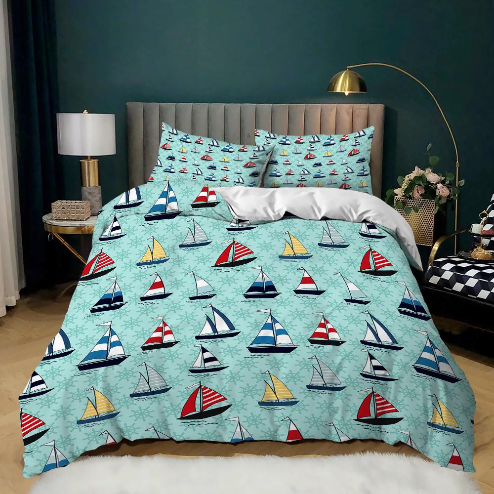 Home Bettwäsche-Set, Schlafzimmer-Bettwäsche-Set, Segelboot-Druck, Bettbezug, Kissenbezug, Blatt/Doppelbett, 2/3-teilig, Schlafzimmer-Dekoration
