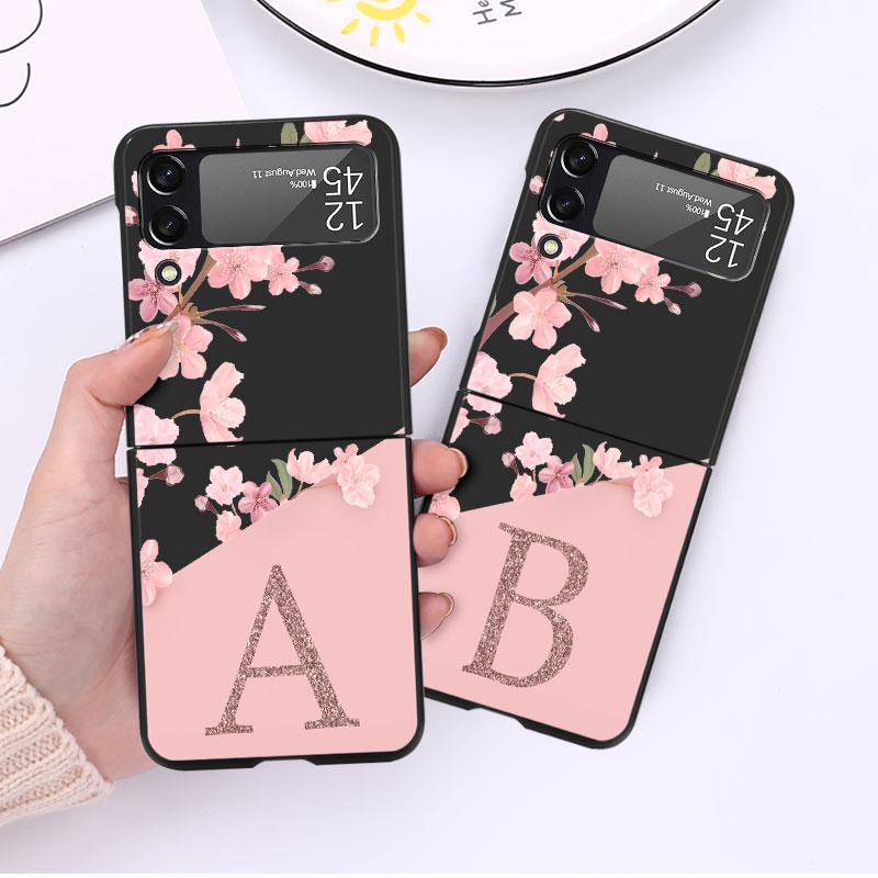 Flower Letter Pink Fashion Initial Cell Case For Samsung Galaxy Z Flip 3 5G 4 Fashion Z Flip3 Luxury Black Hard Phone Coque