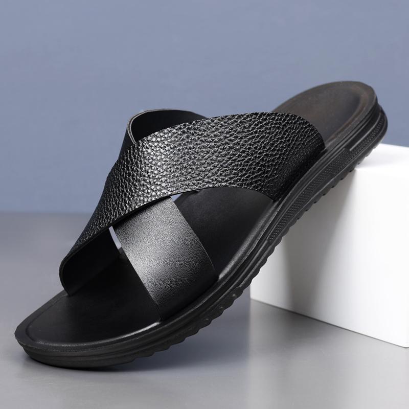 Fashion Classic Design Artificial Leather Slippers Open-toe Non-slip Sandals Man Flats Slides Summer Soft Comfort Beach Vacation Shoes