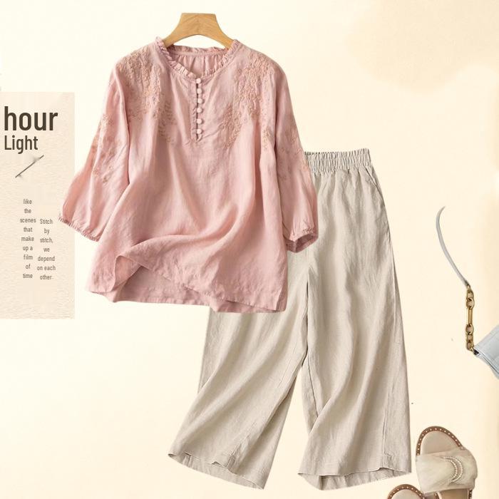 Southeast Asia Retro Embroidered Cotton-Linen Two-Piece Set: Seven-Sleeve Shirt & Wide-Leg Pants