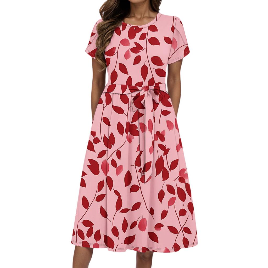 Women's Summer Fashion Round Neck Casual Plant Floral Print Short Sleeve Dress