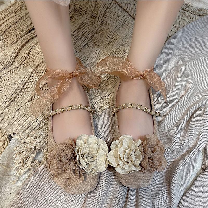 Fairy Tale Style Shoes Woman Eternal Rose Flower Ballet Flats Ladies Autumn Sweet Ribbon Tie Leg Chain Mary Janes Lolita Loafers