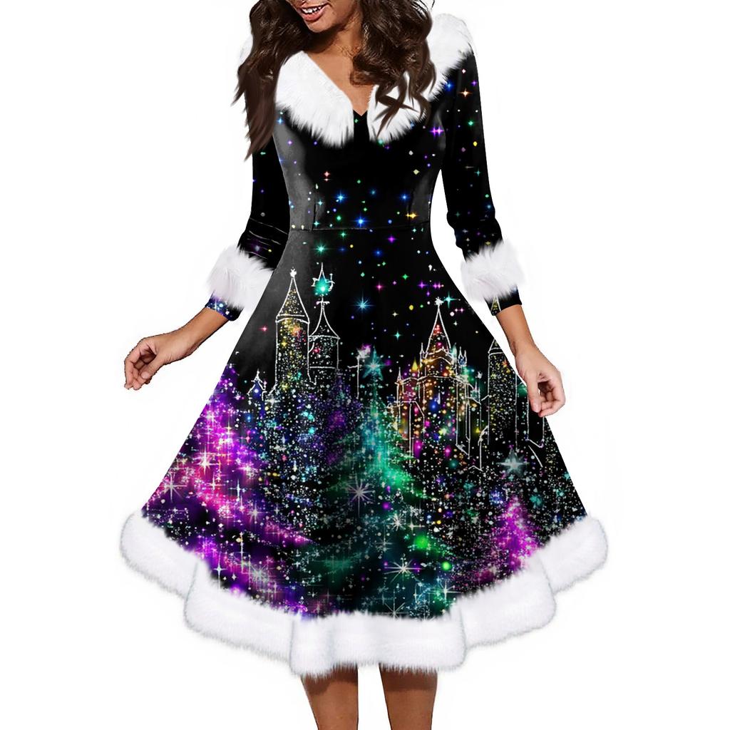 Women's Fashion V-neck Casual Fit Christmas Print Party Long Sleeve Dress