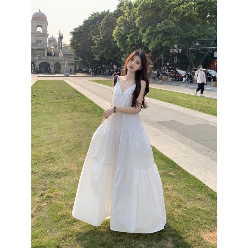 French Style White Fairy Dress Slip Dress Seaside Holiday Dress Women's Slim Look Summer Dress Elegant Long Dress