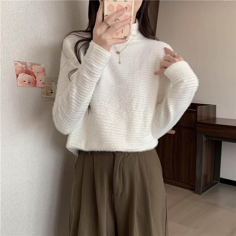 Women's Winter 2022 Mink Velvet Lace Shirt - Slim Fit, Half-High Collar, Solid Color Top