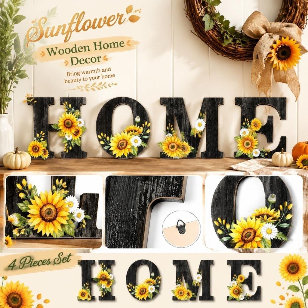 Wooden HOME Wall Decor Set 4 Pieces Sunflower Design Rustic Farmhouse Style Indoor Outdoor Hanging Signs for Seasonal Harvest Festival Decoration