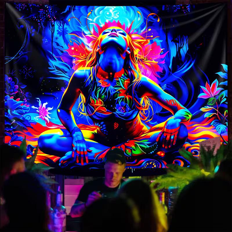 2D Spiritual Blacklight Tapestry, Fluorescent Meditation Woman Backdrop