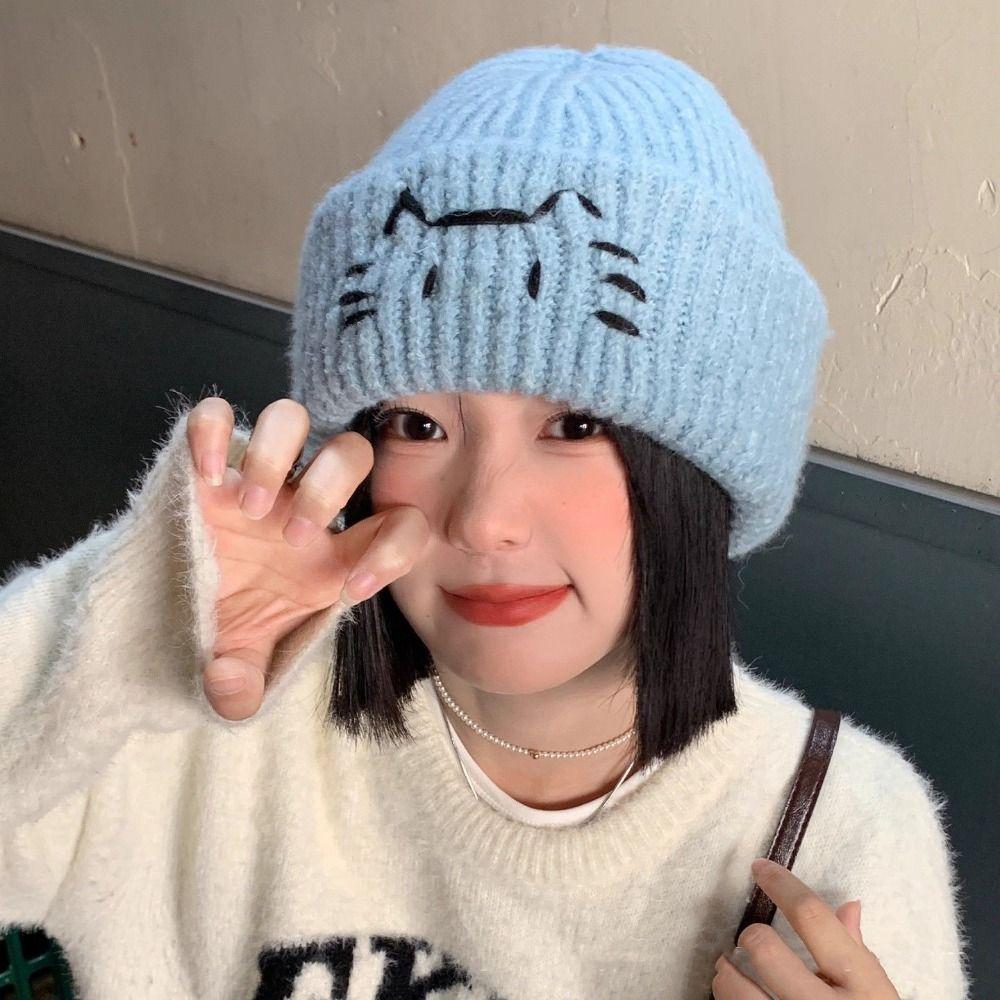 Wool Knit Beanies Embroidered Kitten Printing Knit Cap Cute Cat Knitted Hat  Apparel Accessories