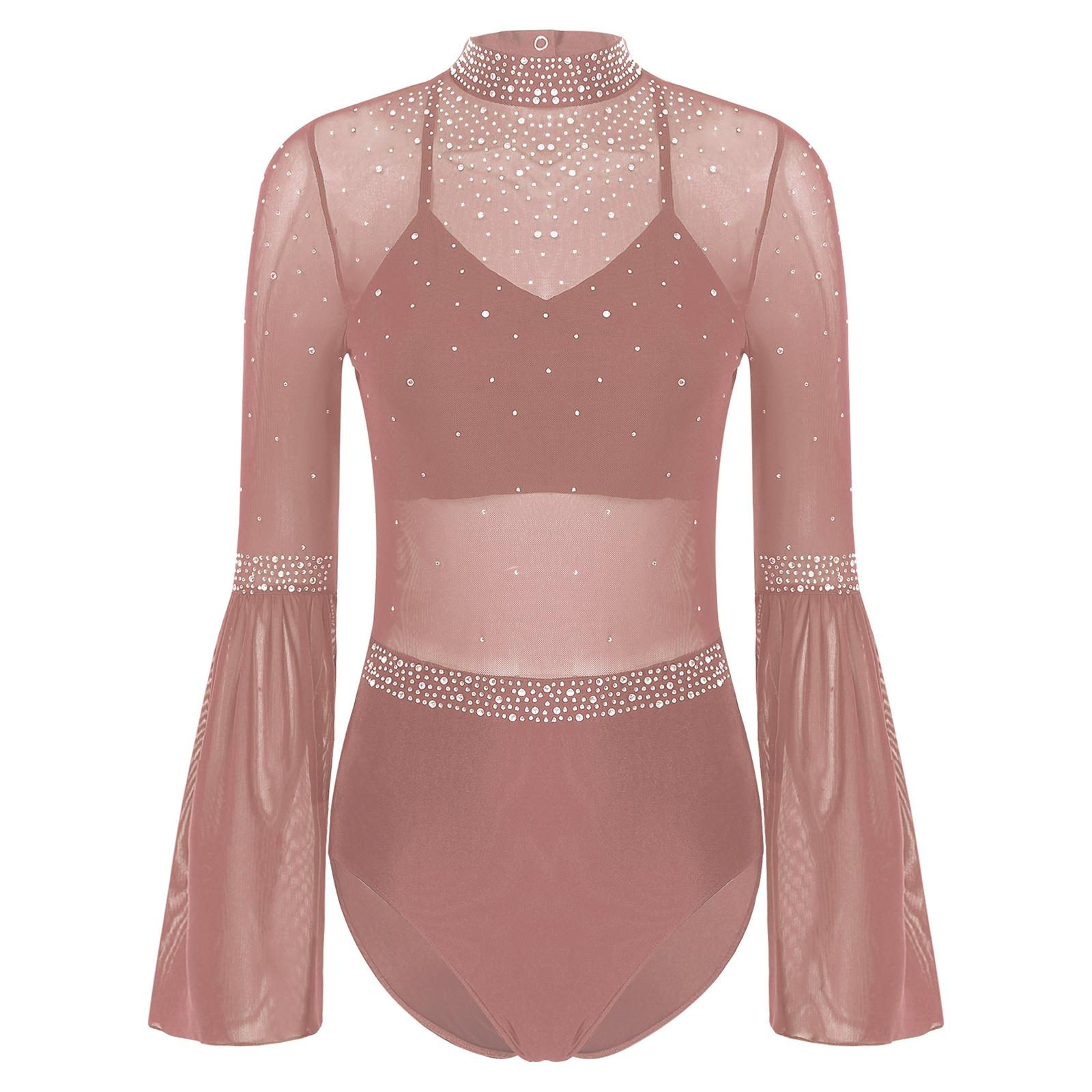 

Жіночий гімнастичний купальник з прозорої сітки, печворк-дизайн, комір-стійка, рукав-кльош, відкрита спина, блискучий купальник з райським камінням S рожевий