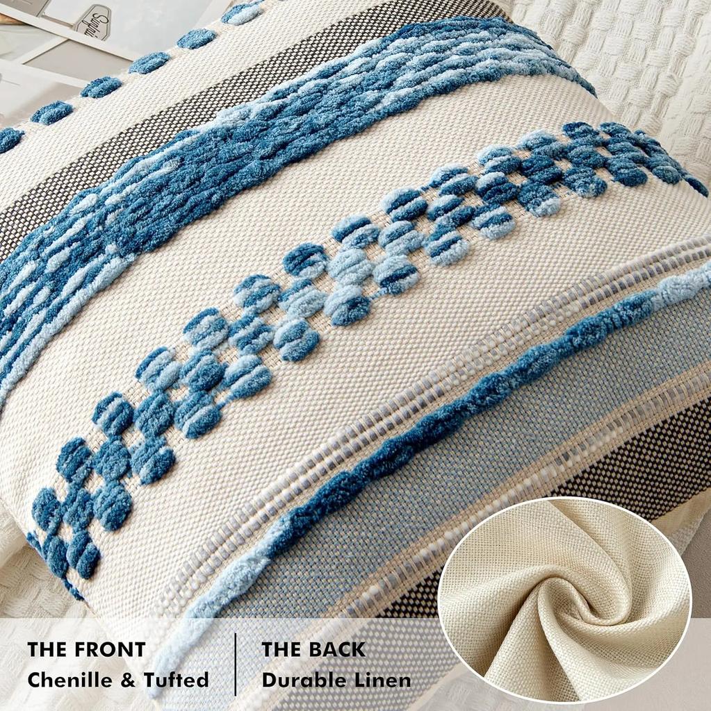 Blue Boho Throw Pillow Covers 18x18 Inch Decorative Cushion Cases Multicolor Striped Chenille Pillow Covers Accent Pillowcase