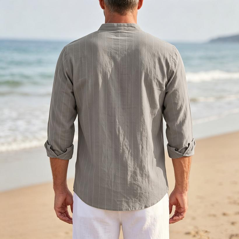 Men's Linen Stand-Up Collar Striped Shirt Spring and Autumn Casual Commuter Trend Slim-Fit Long Sleeve Shirt
