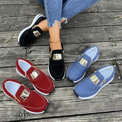 Baskets à plateforme larges pour femmes, Chaussures plates à bout rond avec fermeture éclair latérale, Couleurs unies, Chaussures en gros en stock