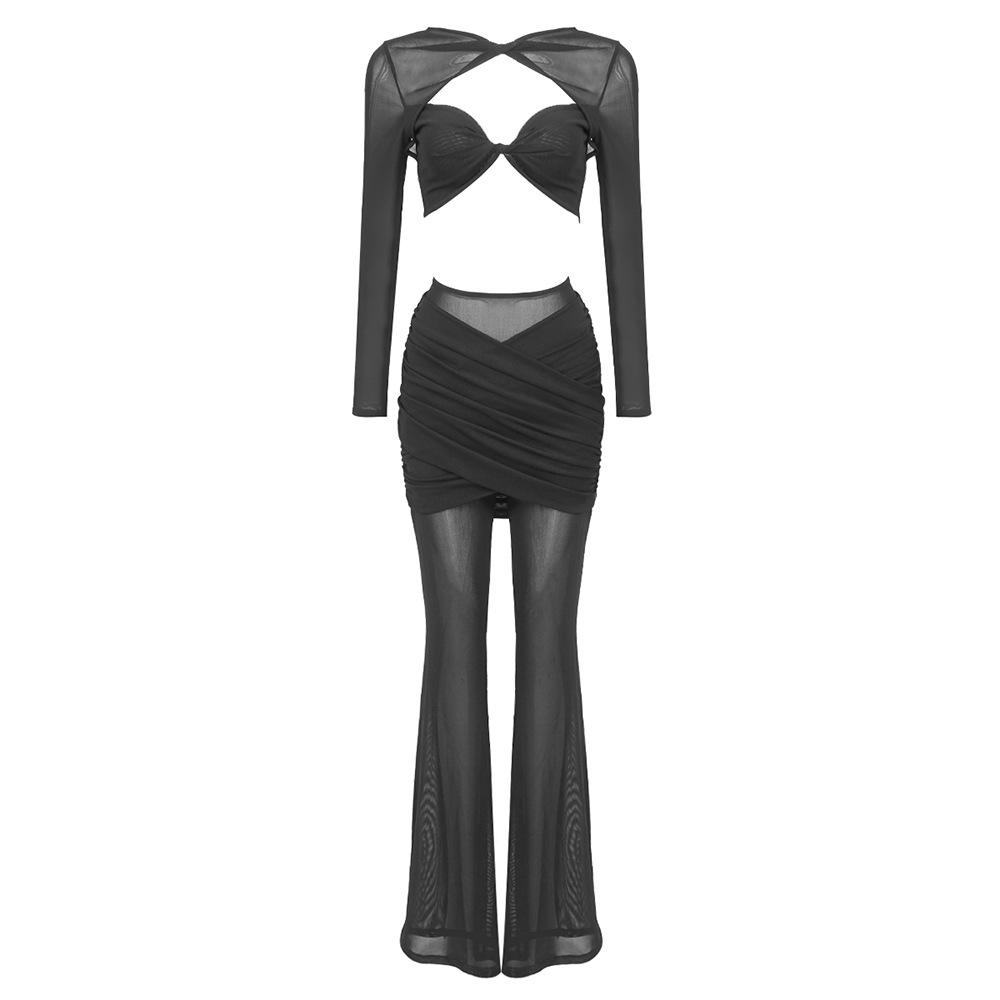 2024 Women's Black Mesh Long Sleeve Twist Two-Piece Casual Suit