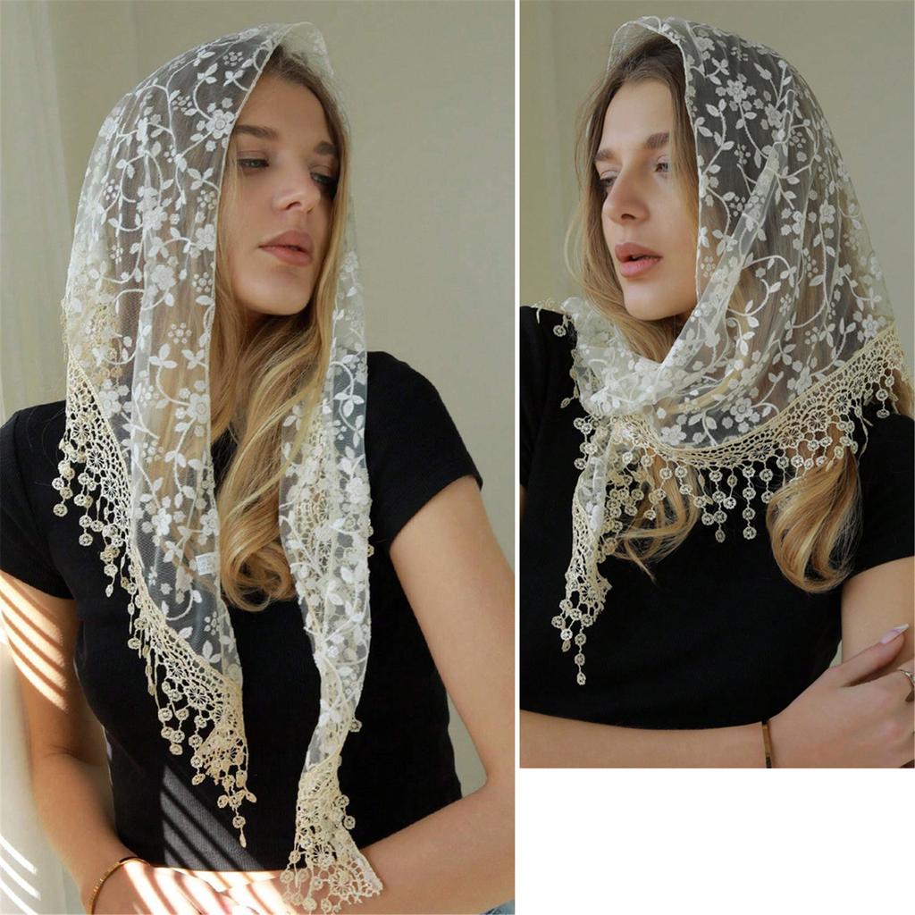 Seethrough Lace Flower Head Scarf Triangle Headwrap Bandanas for Women Daily and Casual Wear Music Festival Headpiece