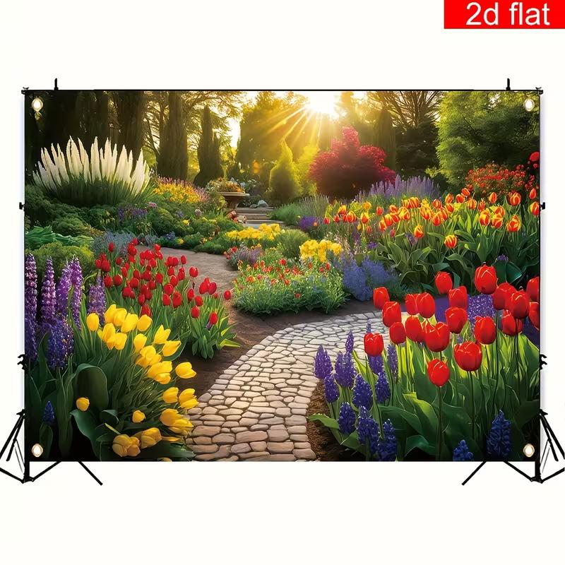 2D Colorful Flower Garden Backdrop Photography Background Banner
