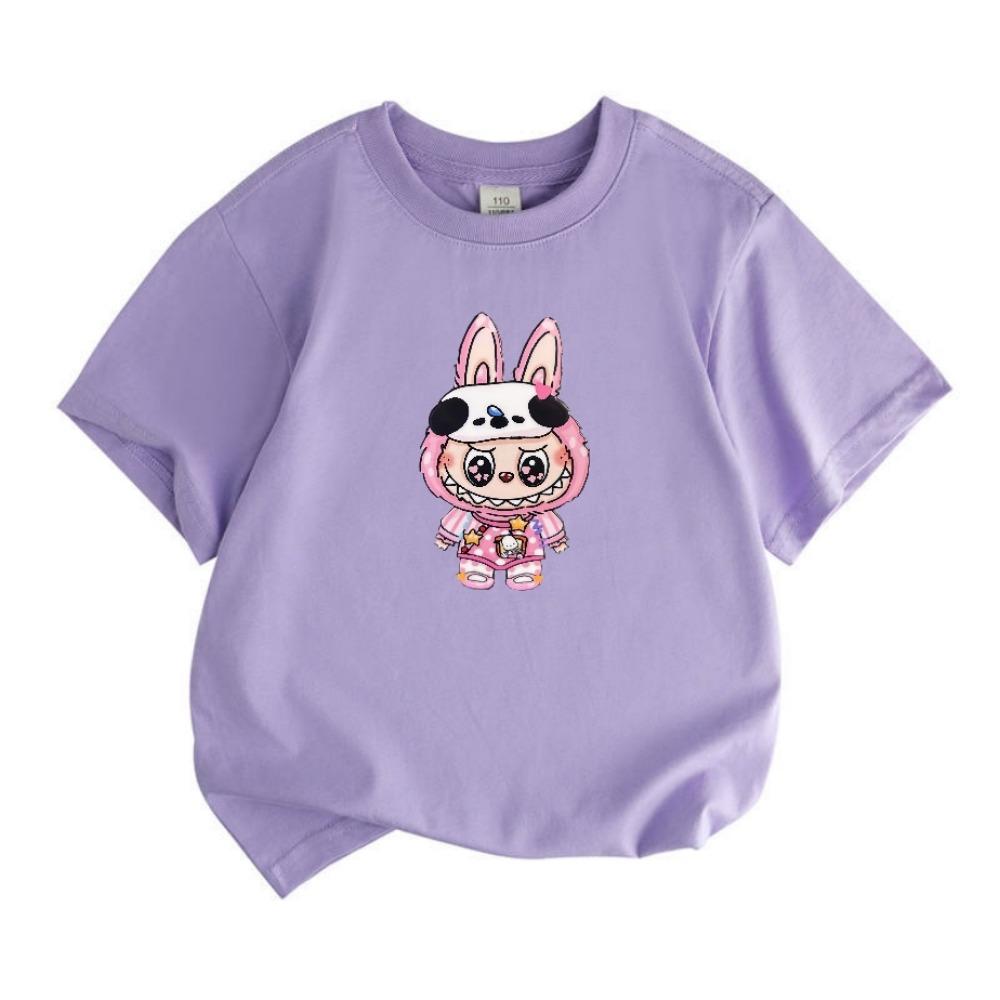 2025 Popular Children's Clothing Short Sleeved LABUBU Wearing Pajamas Pattern Round Neck T-shirt Cartoon Style Girl's Top