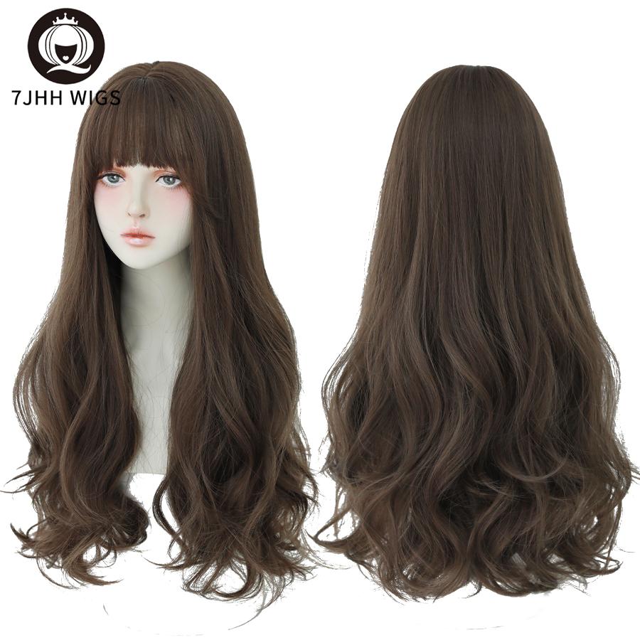 7jhh Wigs Popular Brown Ash Long Deep Wave Hair Lolita Wigs With Bangs Synthetic Wig For Women Fashion Thick Curls Wigs Girl