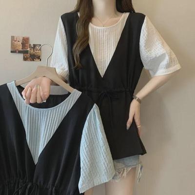 Sommer Faux Zweiteiler Kurzarmshirt - Übergröße, Schlankmachend, Kordelzug in der Taille, Altersreduzierendes Casual-Top