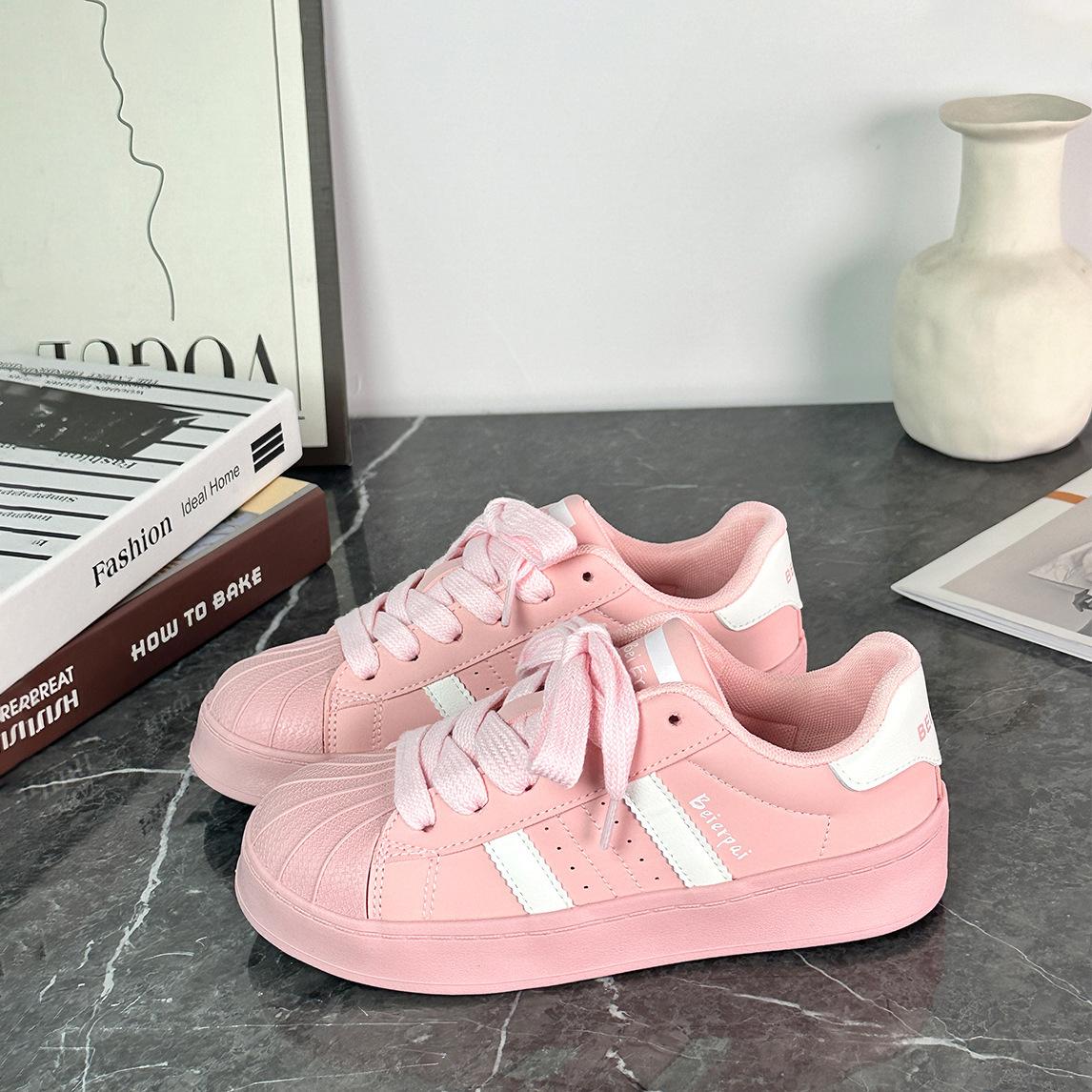 

Вулканизированная обувь, обувь с мыском, женская весна 2025, универсальная, низкая, на толстой подошве, дофаминовая, повседневная, маленькие белые туфли 35 розовый