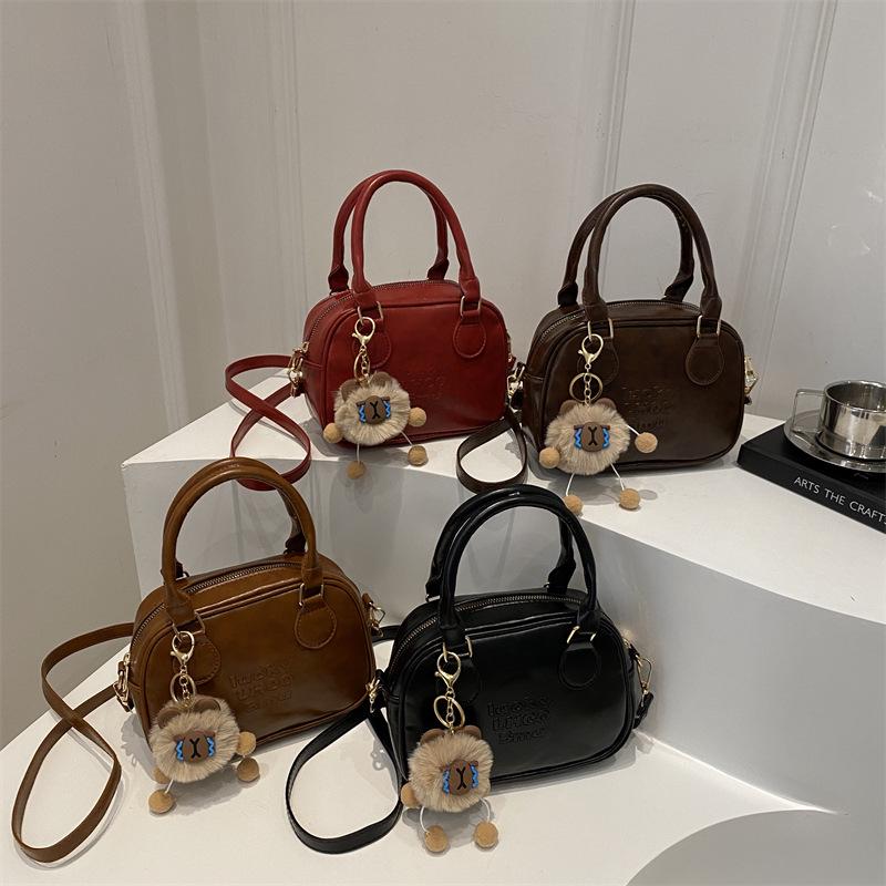 Retro Women's Fall/Winter 2025 Coffee Textured Bowling Crossbody Handbag