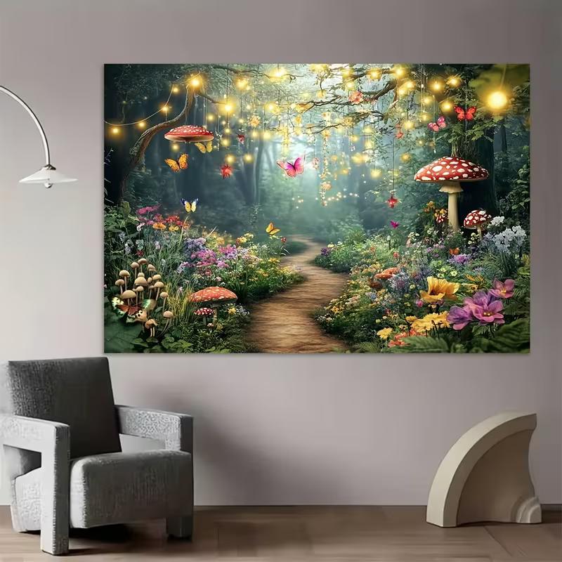 2D Printed Enchanted Fairy Forest Backdrop, Glowing Firefly & Mushroom Path Photo Background for Studio