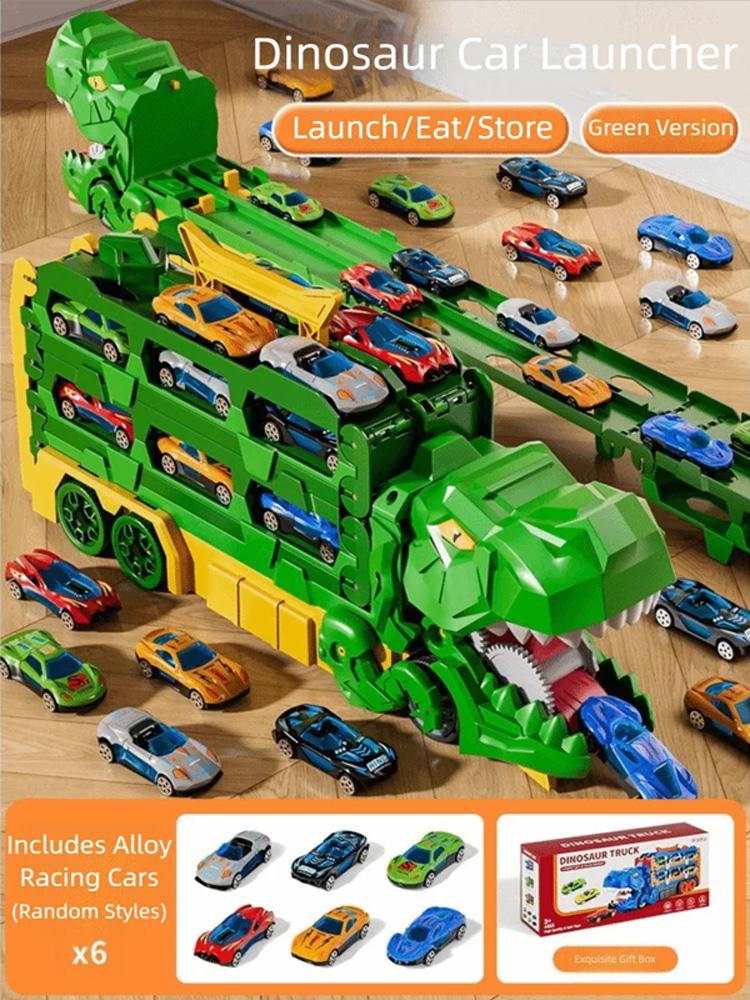 Großes faltbares Dinosaurier-Schienenauto-Spielzeugset Verformbares Dinosaurier-Transport-LKW-Spielzeugmodell Mit 6 Legierungsautos Kindergeburtstagsgeschenk green