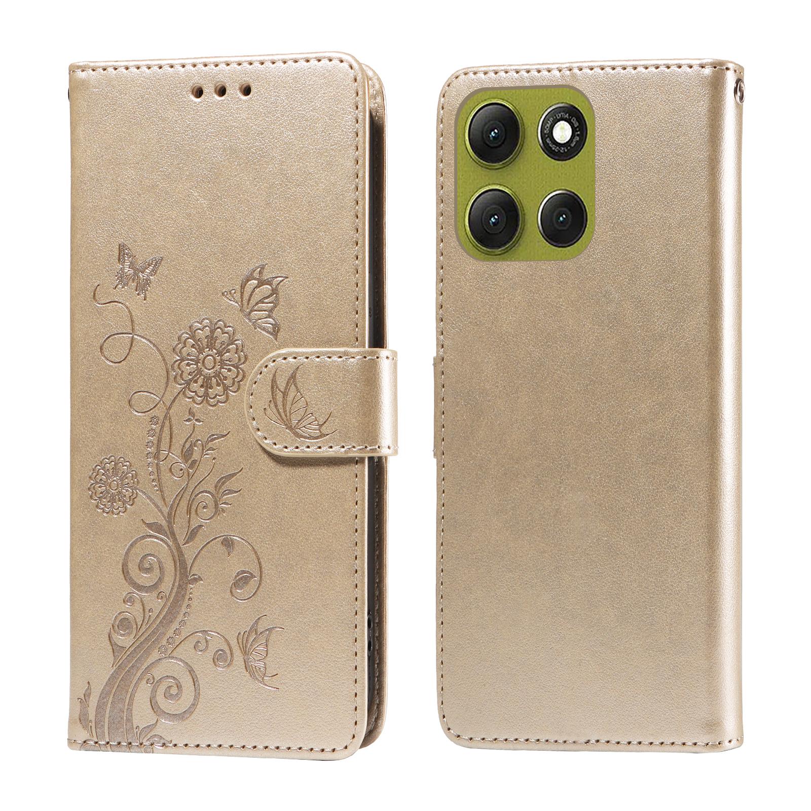 

For Motorola Moto G86 Power 5G/G86 5G Leather Case Butterfly Floral Imprint Wallet Stand Cover Golden