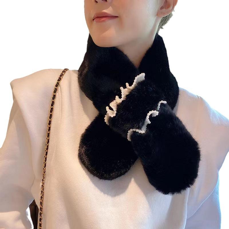 Scarf Women'S Winter Thickened Warm Plush Rex Rabbit Hair Cross Korean Version Versatile Scarf Fashion Pearl Small Scarf