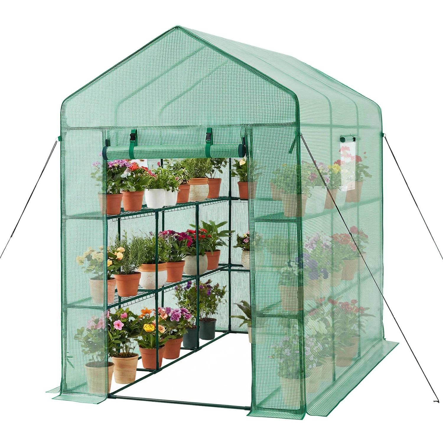 Sere Walk-in, 137 x 206 x 196 cm Sere pentru Exterior cu Ferestre, Acoperiș PE, 2 Niveluri 14 Rafturi, Ușă cu Fermoar Roll-Up, Seră Walk-in,