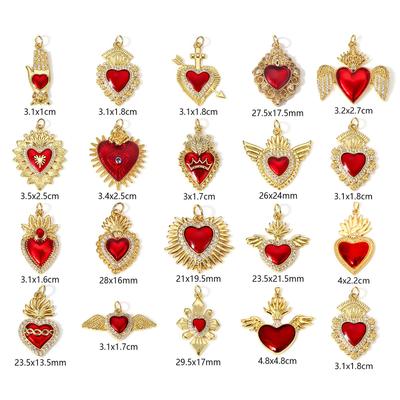 10 Piece Wholesale Classic Red Religious Heart Charms For Jewelry Making Ex Voto Pendants Clear Cubic Zirconia Necklace DIY