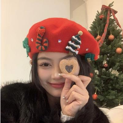 Christmas Beret Hat French Vintage Red Wool Beret Women Winter Warmth Female Butterfly Beret Hat Household Accessories