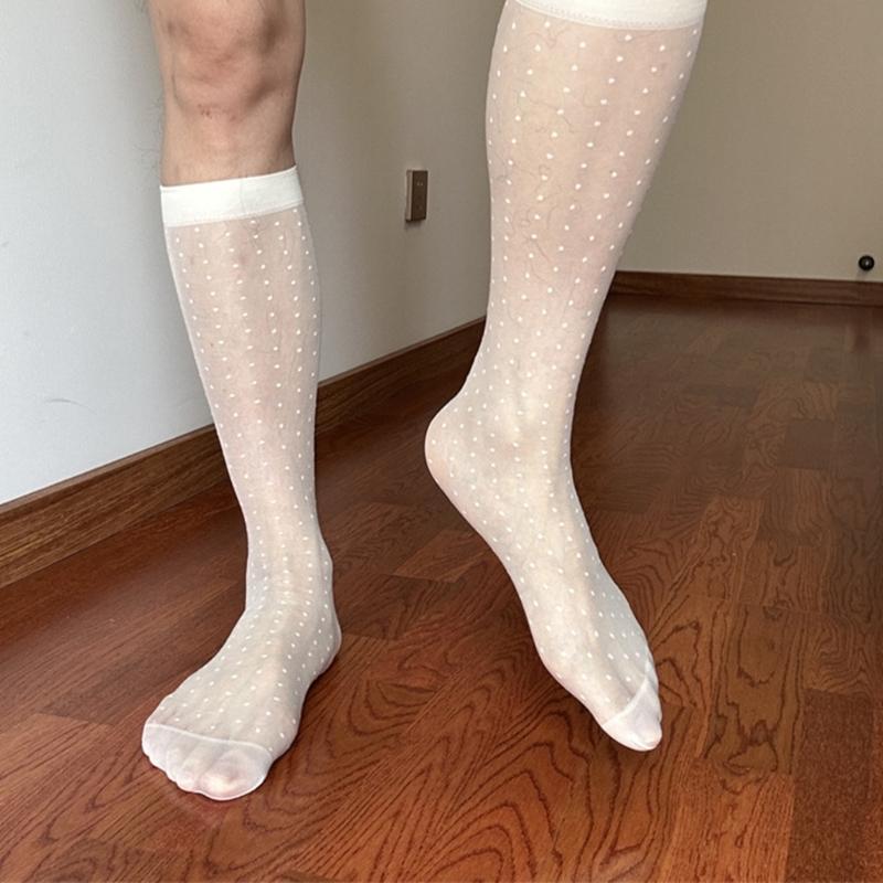Men's Fashionable Sheer Over the Calf Long Socks Breathable See Through Dot Pattern Dress Suit Socks for Business Wear