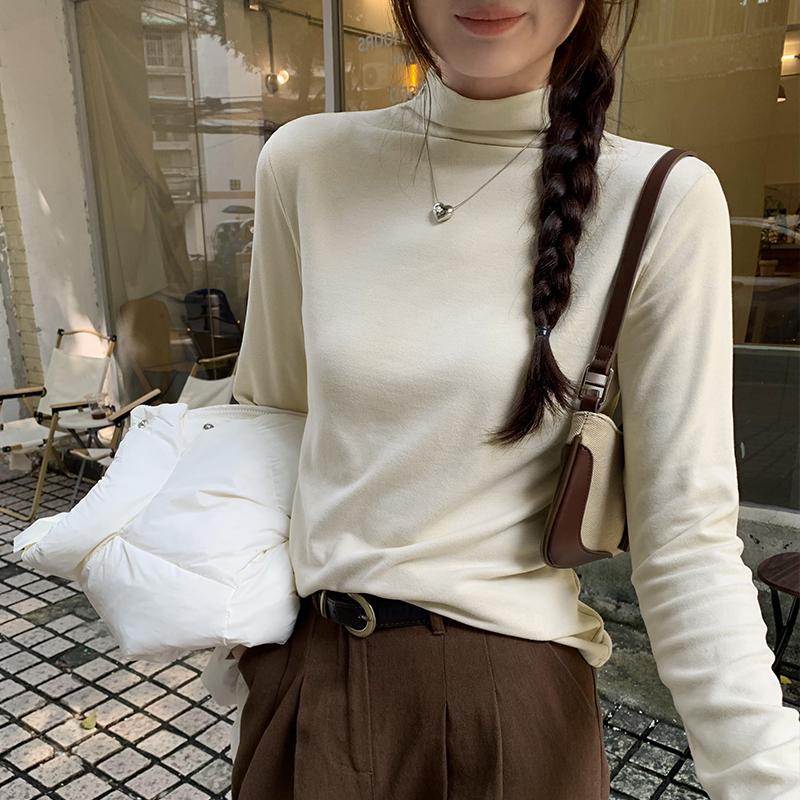 Autumn Basic Long Sleeve Slim Fit Casual T-shirt for Women Fashion Solid Simple Winter Ladies T Shirt Elegant Half High Collar Woman Tee Tops 25666